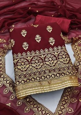 Maroon Ethnic Motifs Embroidered Poly Blend Kurta Set