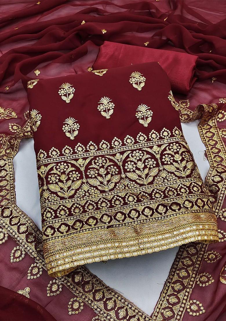 Maroon Ethnic Motifs Embroidered Poly Blend Kurta Set