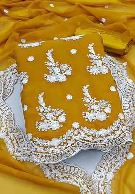 Yellow Ethnic Motifs Embroidered Silk Georgette Kurta Set