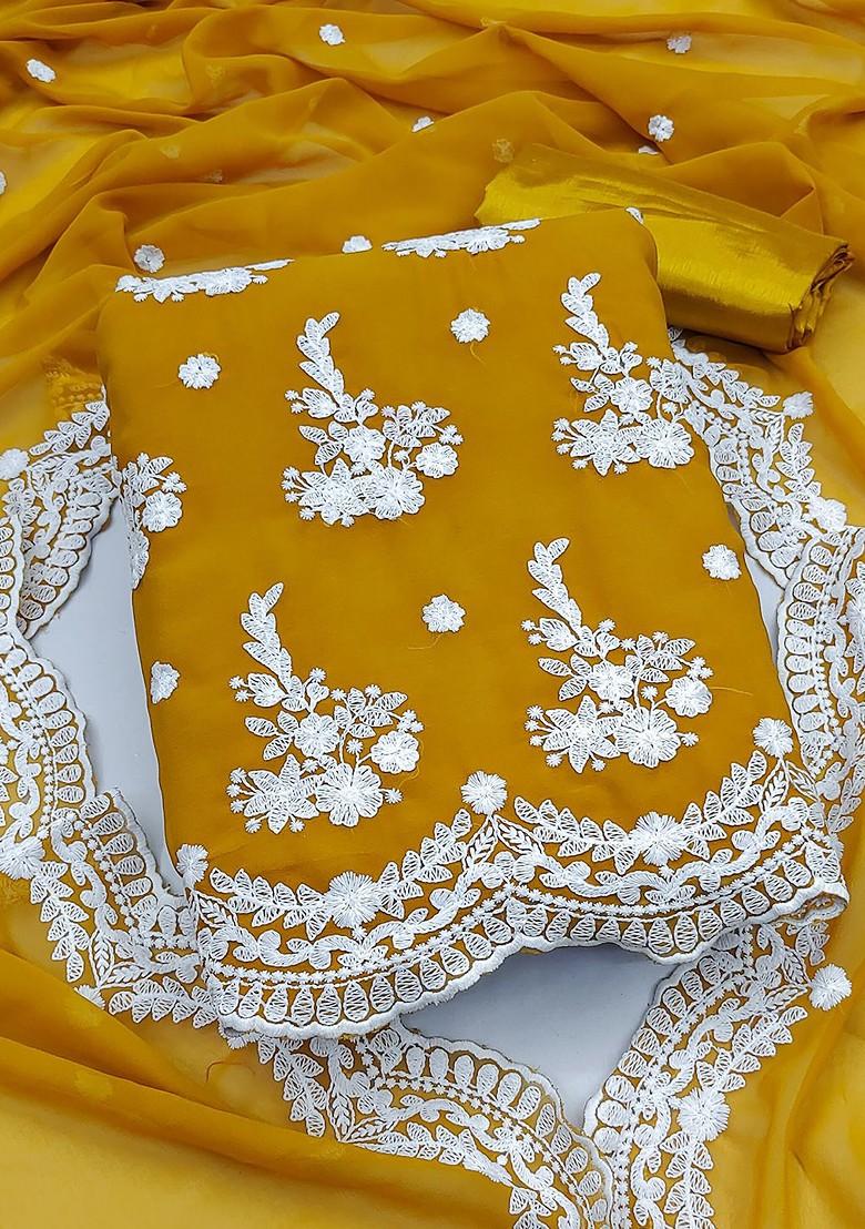 Yellow Ethnic Motifs Embroidered Silk Georgette Kurta Set