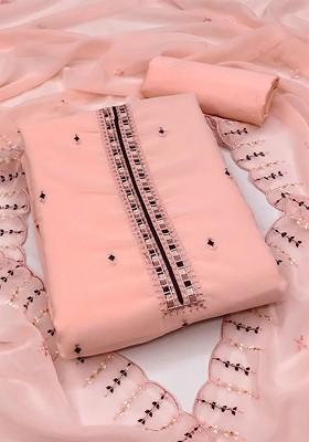 Peach Embroidered Poly Blend Kurta Set