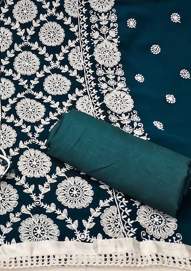 Teal Blue Embroidered Poly Blend Kurta Set