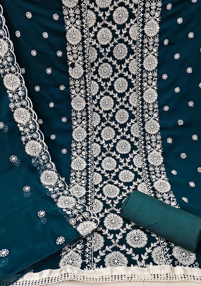 Teal Blue Embroidered Poly Blend Kurta Set