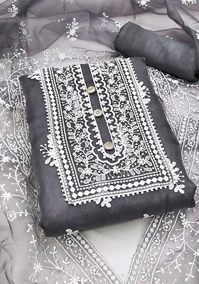 Grey Floral Embroidered Poly Blend Kurta Set