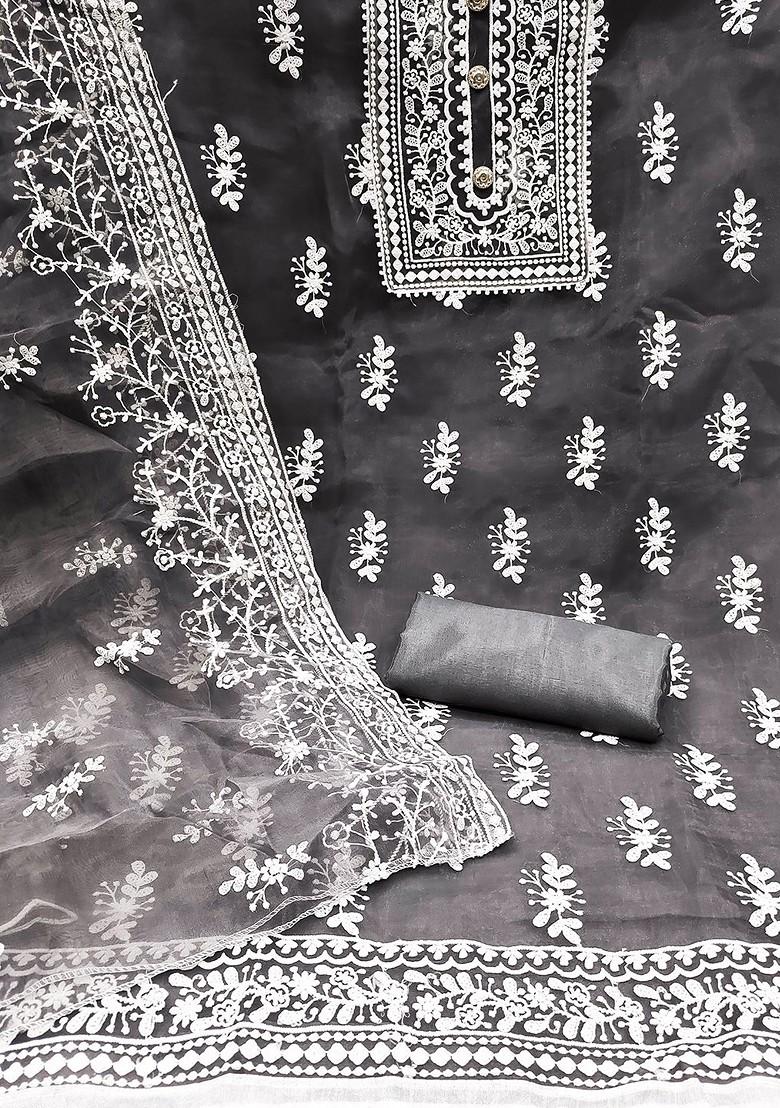 Grey Floral Embroidered Poly Blend Kurta Set
