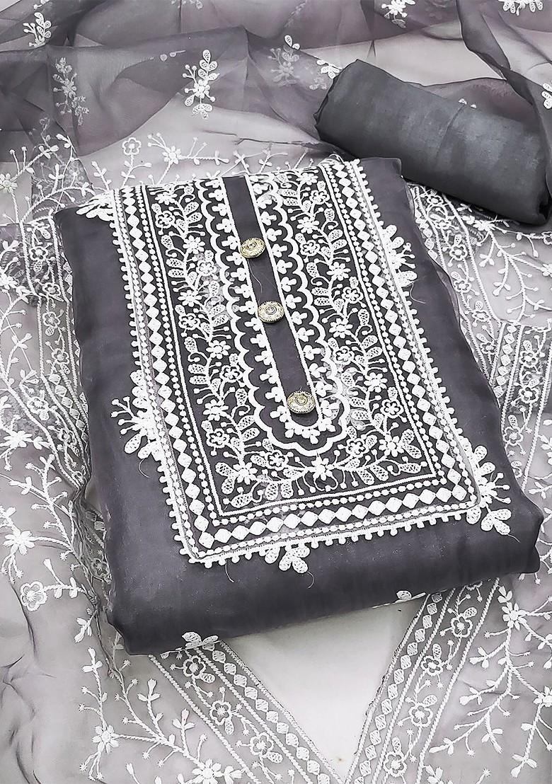 Grey Floral Embroidered Poly Blend Kurta Set