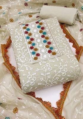 Beige Floral Embroidered Poly Blend Kurta Set