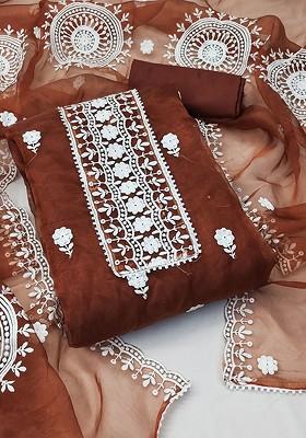 Rust Floral Embroidered Poly Blend Kurta Set