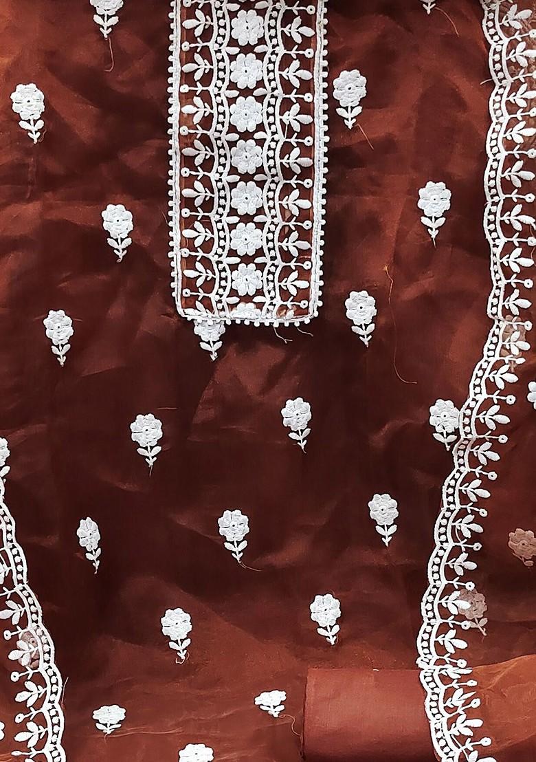 Rust Floral Embroidered Poly Blend Kurta Set