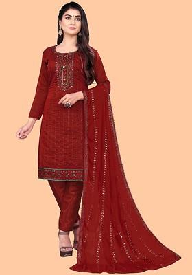 Maroon Embroidered Poly Blend Kurta Set