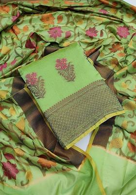 Green Floral Woven Design Poly Blend Kurta Set