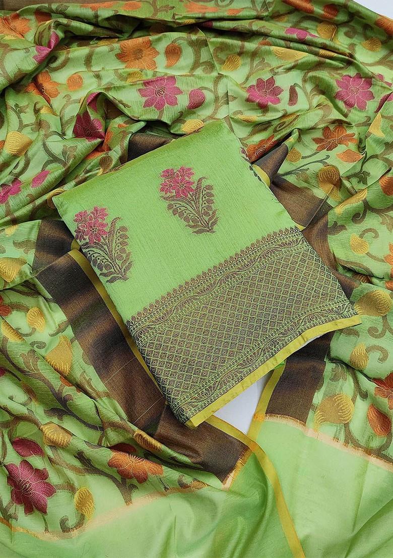 Green Floral Woven Design Poly Blend Kurta Set