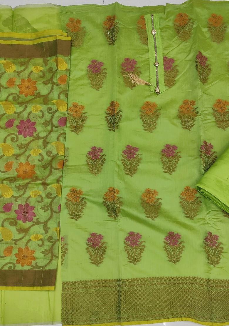 Green Floral Woven Design Poly Blend Kurta Set