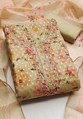 Beige Floral Embellished Poly Blend Kurta Set