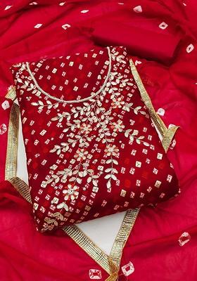 Red Bandhani Print Poly Blend Kurta Set