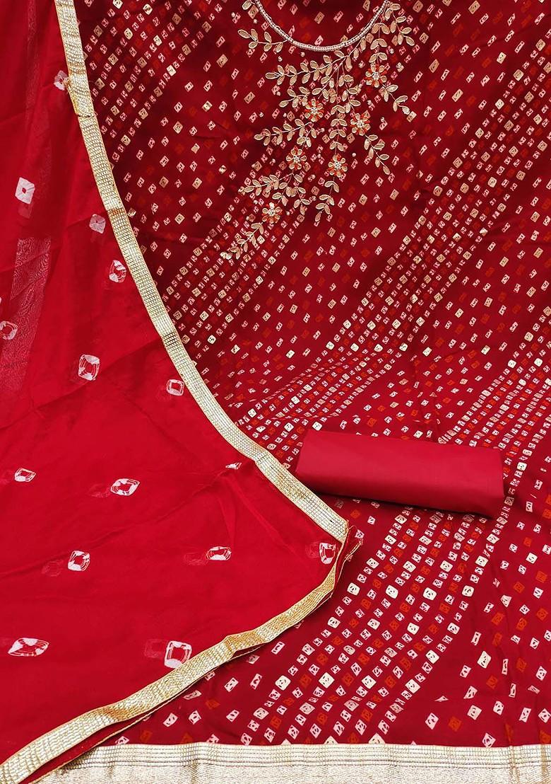 Red Bandhani Print Poly Blend Kurta Set