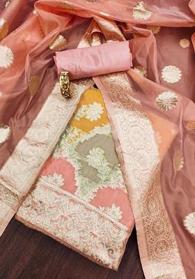 Pink Ethnic Motifs Woven Organza Kurta Set