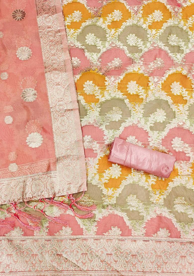 Pink Ethnic Motifs Woven Organza Kurta Set