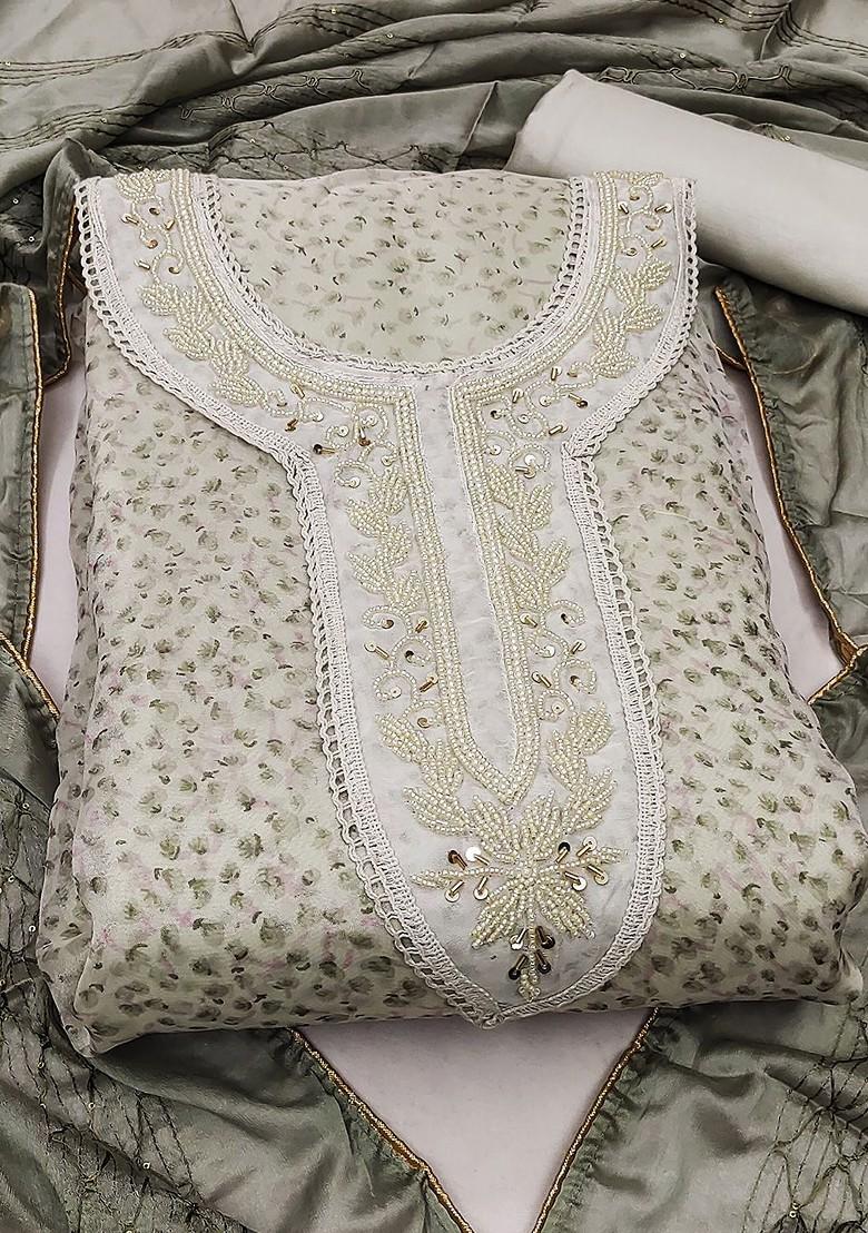 Sea Green Floral Print Poly Blend Kurta Set