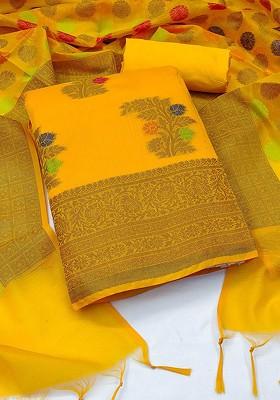 Yellow Ethnic Motifs Woven Poly Blend Kurta Set