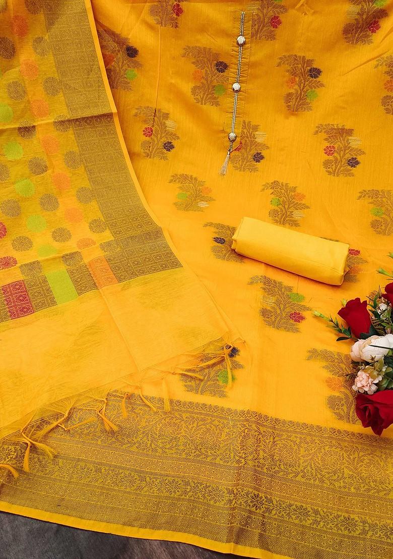 Yellow Ethnic Motifs Woven Poly Blend Kurta Set