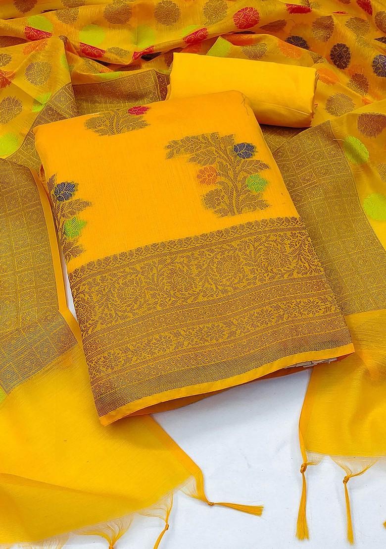 Yellow Ethnic Motifs Woven Poly Blend Kurta Set