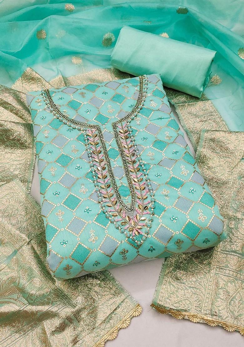 Sea Green Ethnic Motifs Embroidered Poly Blend Kurta Set