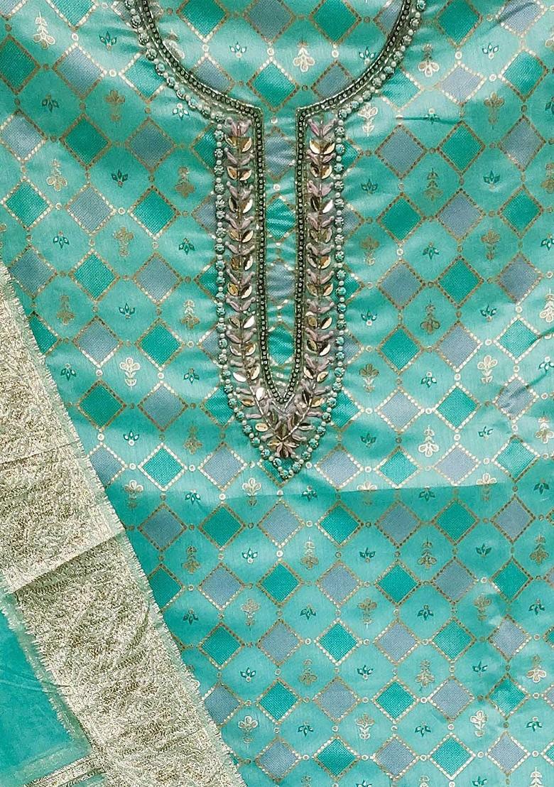 Sea Green Ethnic Motifs Embroidered Poly Blend Kurta Set