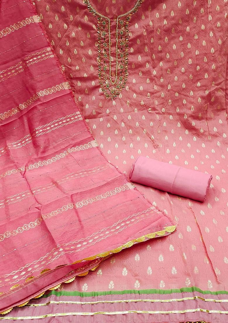 Pink Ethnic Motifs Woven Poly Blend Kurta Set