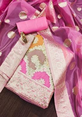 Pink Ethnic Motifs Woven Organza Kurta Set