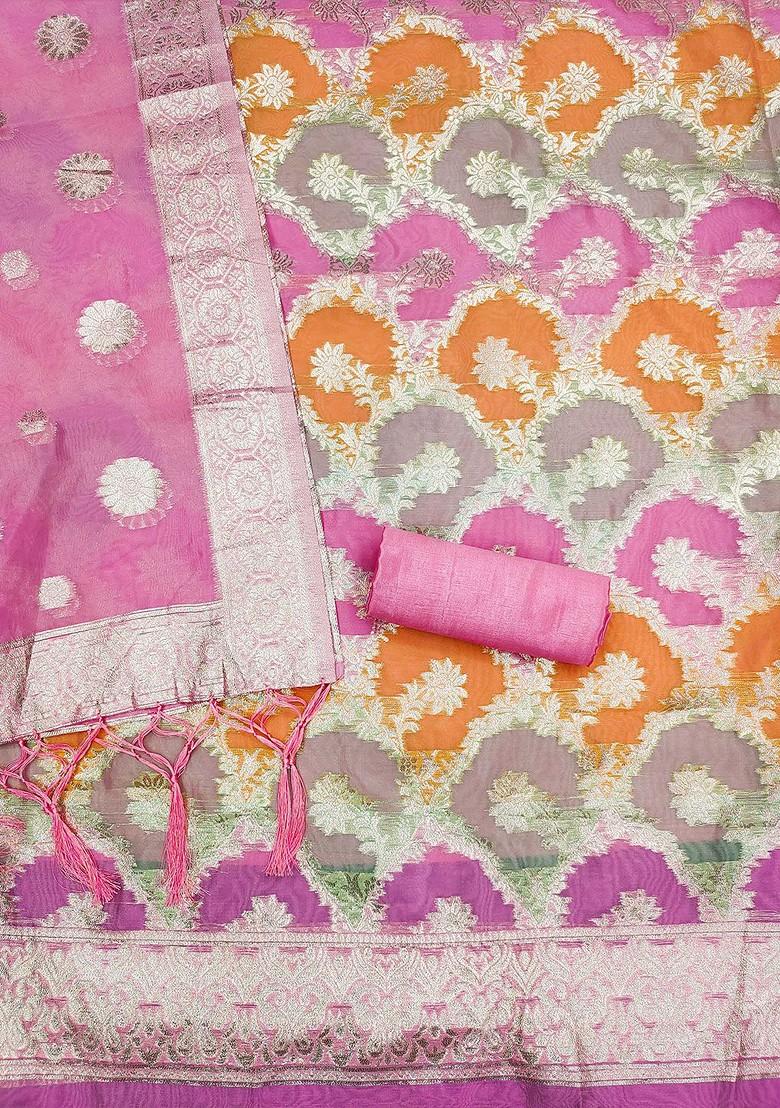 Pink Ethnic Motifs Woven Organza Kurta Set