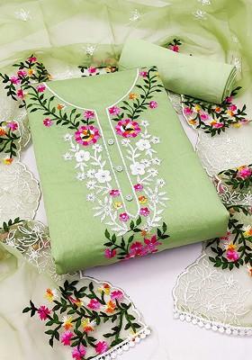 Green Floral Embroidered Poly Blend Kurta Set