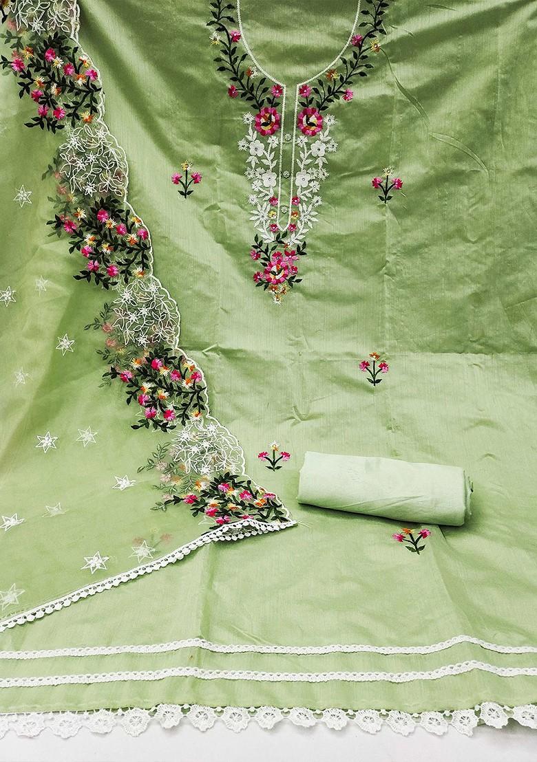Green Floral Embroidered Poly Blend Kurta Set