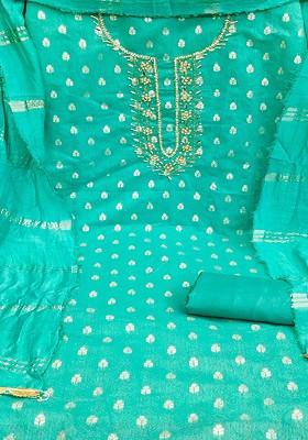 Sea Green Floral Woven Design Poly Blend Kurta Set