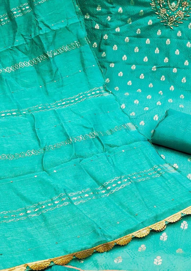 Sea Green Floral Woven Design Poly Blend Kurta Set