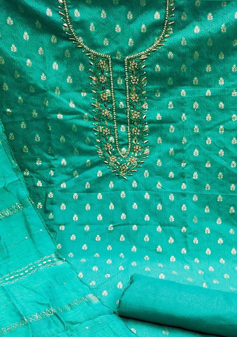 Sea Green Floral Woven Design Poly Blend Kurta Set