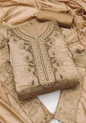 Beige Ethnic Motifs Embroidered Poly Blend Kurta Set