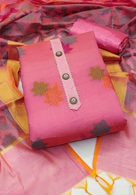 Pink Ethnic Motifs Woven Banarasi Jacquard Kurta Set
