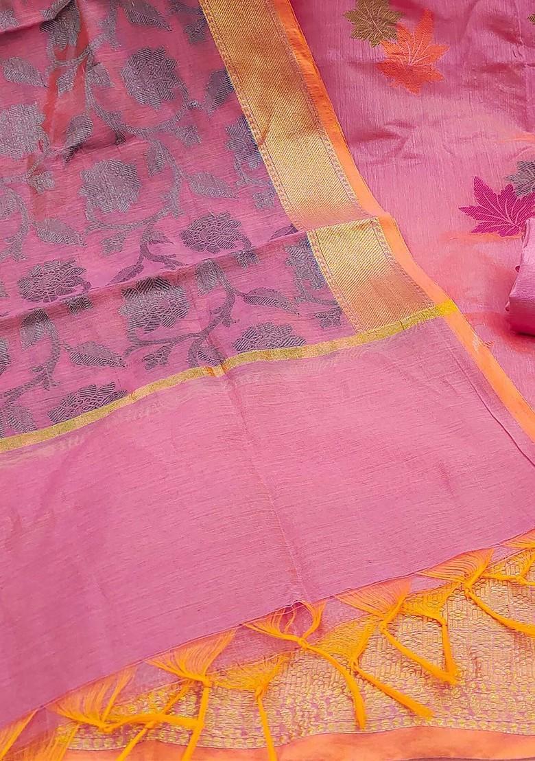 Pink Ethnic Motifs Woven Banarasi Jacquard Kurta Set