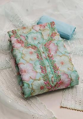 Sky Blue Floral Embroidered Organza Kurta Set