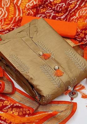 Beige Floral Embroidered Poly Blend Kurta Set