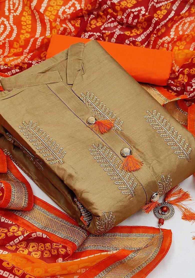 Beige Floral Embroidered Poly Blend Kurta Set