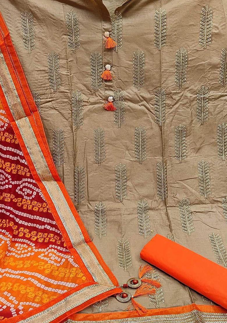 Beige Floral Embroidered Poly Blend Kurta Set