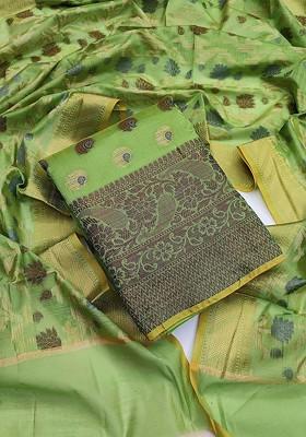 Green Ethnic Motifs Woven Poly Blend Kurta Set