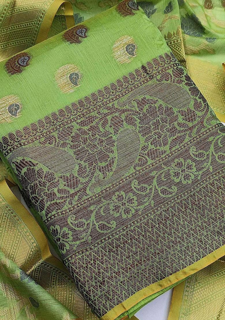 Green Ethnic Motifs Woven Poly Blend Kurta Set