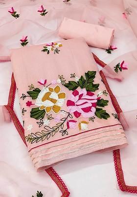 Peach Floral Embroidered Silk Kurta Set