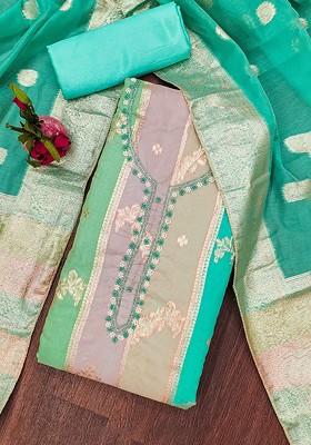 Green Floral Woven Design Poly Blend Kurta Set
