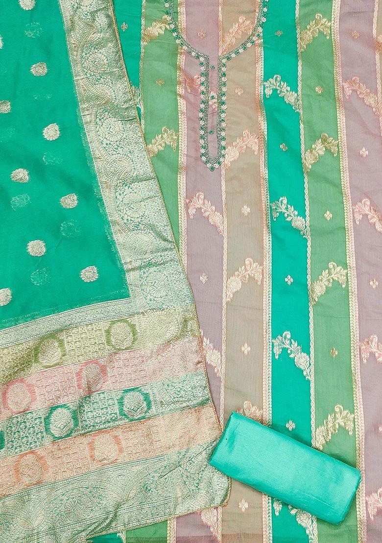 Green Floral Woven Design Poly Blend Kurta Set