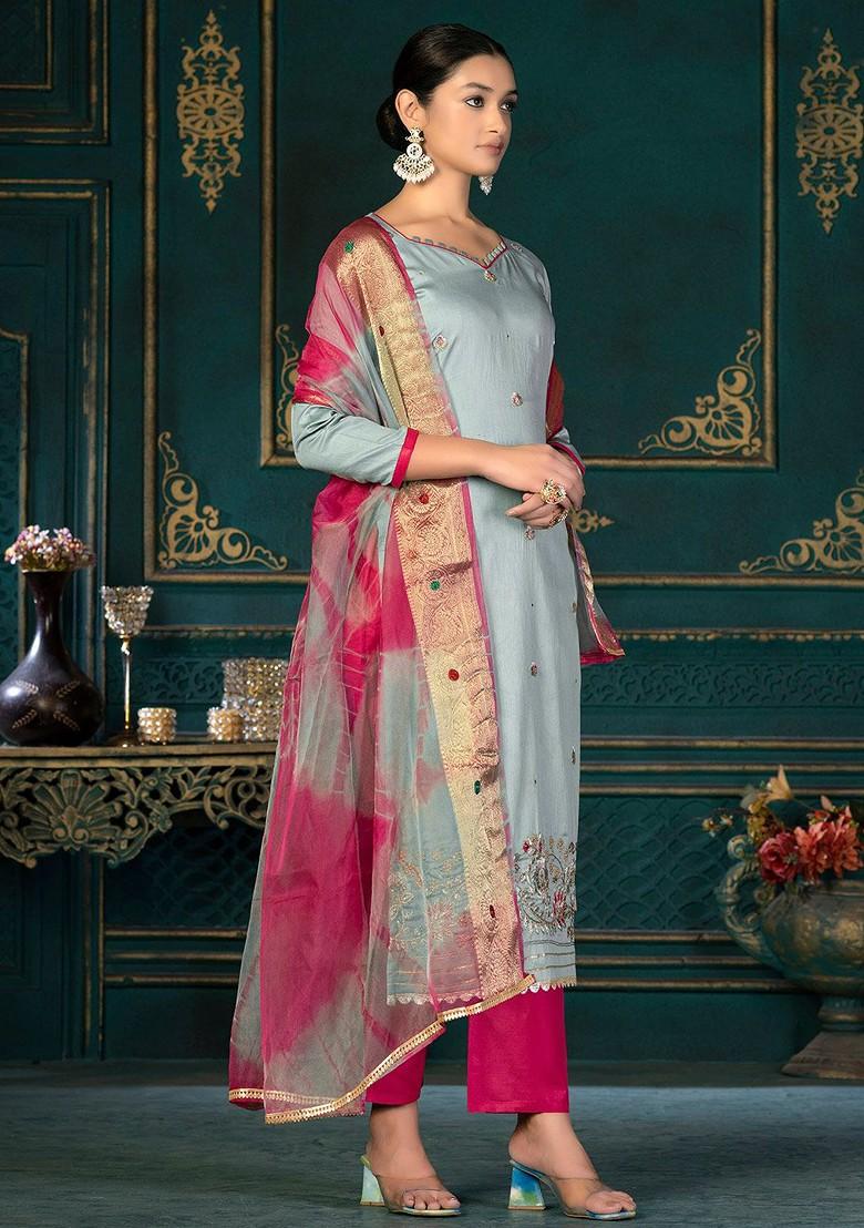 Grey Floral Embroidered Poly Blend Kurta Set