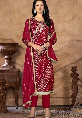 Pink Bandhani Print Poly Blend Kurta Set